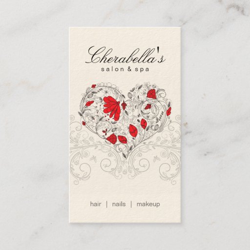 Customizable Salon Spa Floral Heart Red Cream Business Card Template