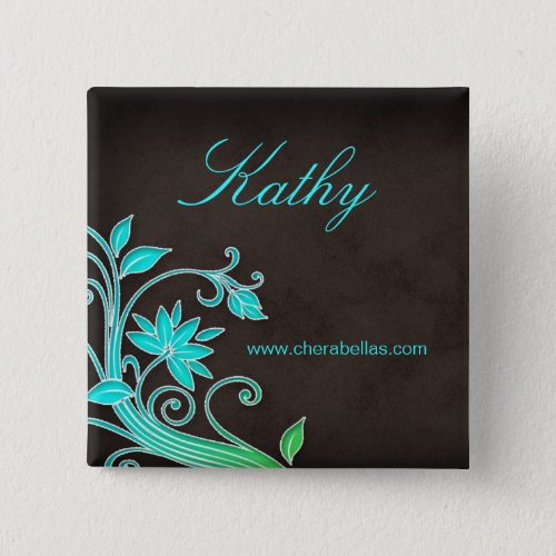 Salon Spa Floral Name Tag Button Brooch Blue Green