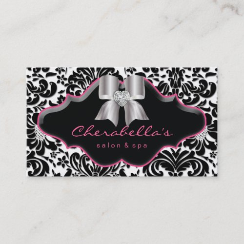 Salon Spa Jewelry Business Card Pink Damask Bow