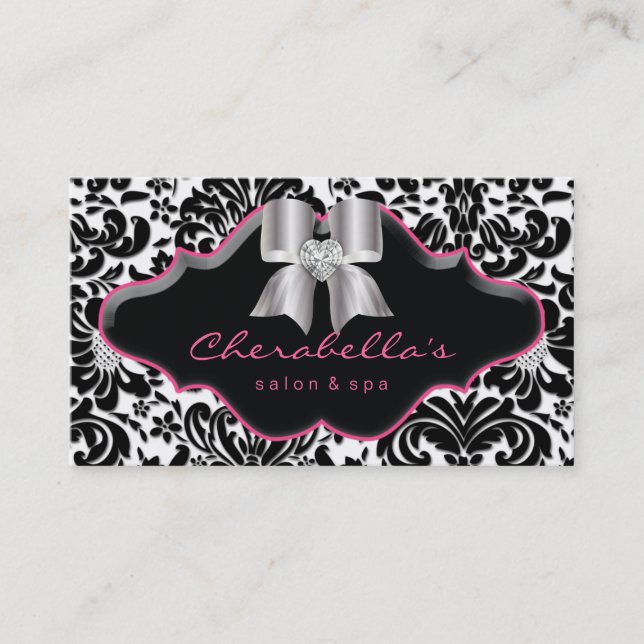 Salon Spa Jewelry Business Card Pink Damask Bow (Front)