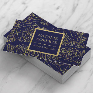 Salon & Spa Modern Navy & Gold Botanical Line Art  Business Card
