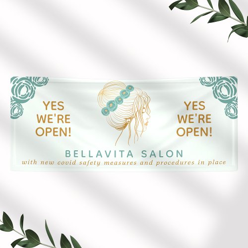 Salon Teal Gold Floral Updo Logo Covid Reopening Banner