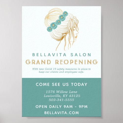 Salon Teal Gold Floral Updo Logo Covid Reopening Poster