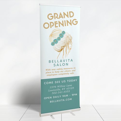 Salon Teal Gold Floral Updo Logo Grand Opening Retractable Banner