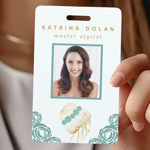 Salon Teal Gold Floral Updo Photo Hair Stylist Badge