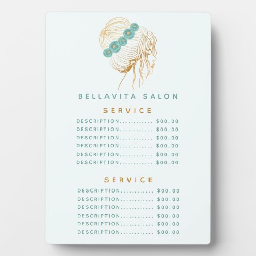 Custom Price Menus 4 Salon Teal Gold Floral Updo Price Menu Plaque