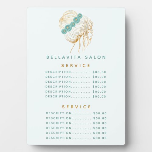 Salon Teal Gold Floral Updo Price Menu Plaque