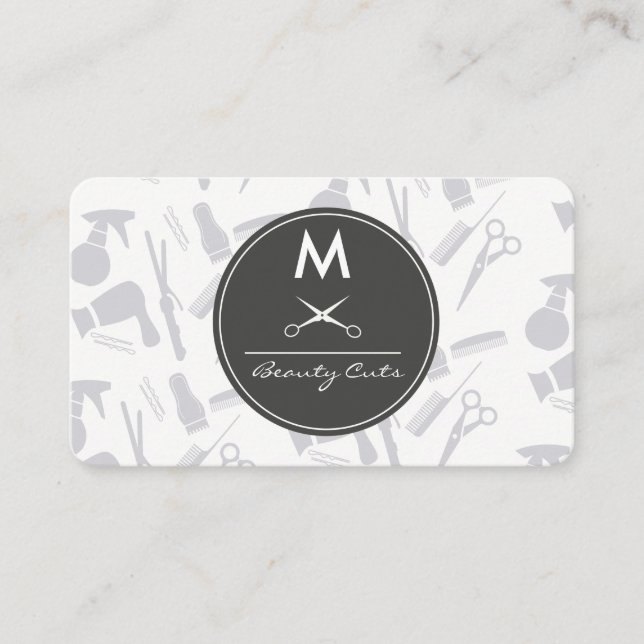 Salon Tool Pattern Monogram Business Card (Front)
