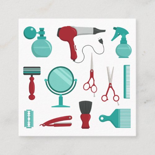 Salon Tool Utensils Hair Barber Teal  Red Square Business Card