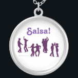 Salsa Dancing Poses Silhouettes Custom Silver Plated Necklace<br><div class="desc">This custom Latin dancing design has poses all salsa dancers will recognize. There are dark silhouettes of couples doing salsa dancing moves. It says "Salsa!" One couple is doing a spin, one is doing a cross body lead, one is doing a close closed position, and one is doing the basic...</div>