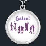 Salsa Dancing Poses Silhouettes Custom Silver Plated Necklace<br><div class="desc">This custom Latin dancing design has poses all salsa dancers will recognize. There are dark silhouettes of couples doing salsa dancing moves. It says "Salsa!" One couple is doing a spin, one is doing a cross body lead, one is doing a close closed position, and one is doing the basic...</div>