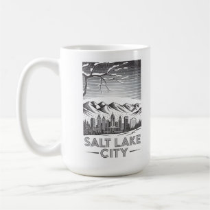 Salt Lake City Skyline Black and White Woodcut Coffee Mug