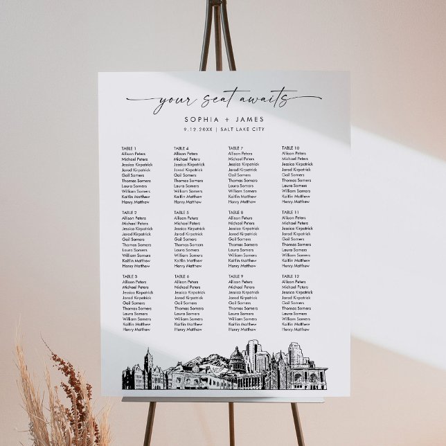 Salt Lake City Skyline Wedding Seating Chart 18x24 Foam Board (Creator Uploaded)