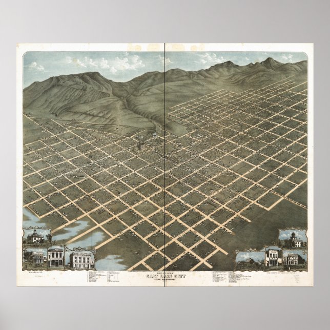Salt Lake City Utah 1870 Antique Panoramic Map Poster (Front)