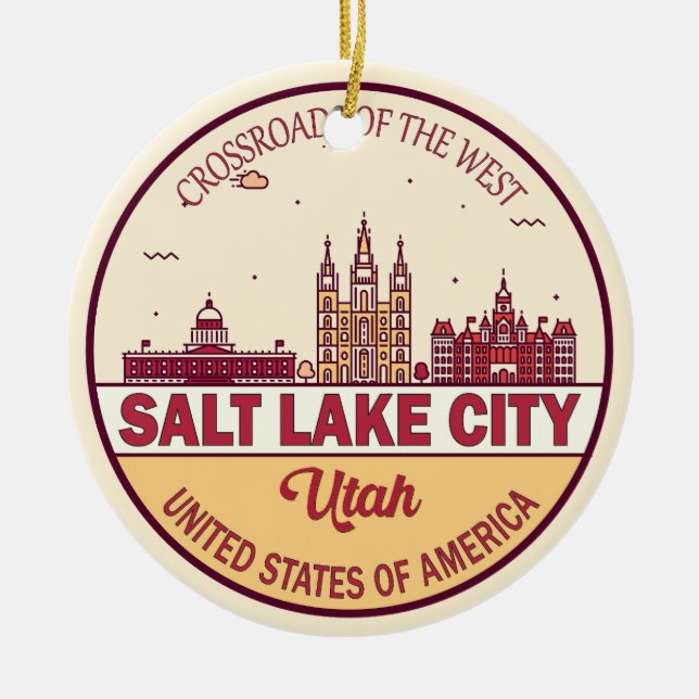 Salt Lake City Utah City Skyline Emblem Ceramic Ornament (Front)