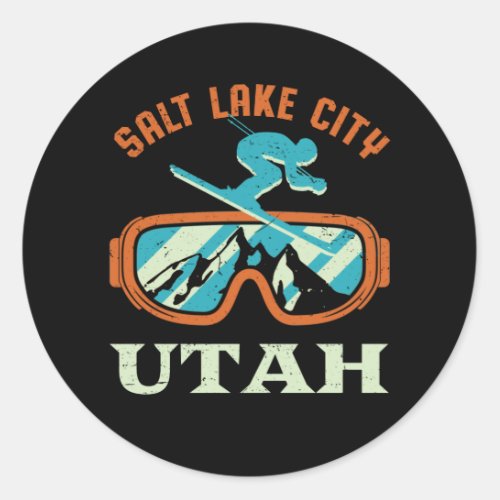 Salt Lake City Utah Retro Skiing Snowboarding Classic Round Sticker