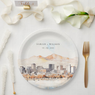Salt Lake City, Utah Watercolor Landscape Wedding Paper Plates