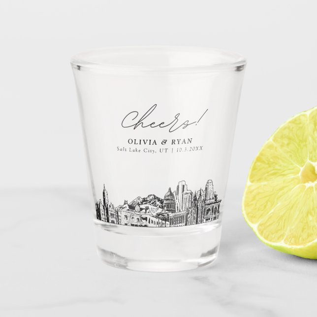 Salt Lake City Wedding Favor Personalized Cheers Shot Glass (Front)