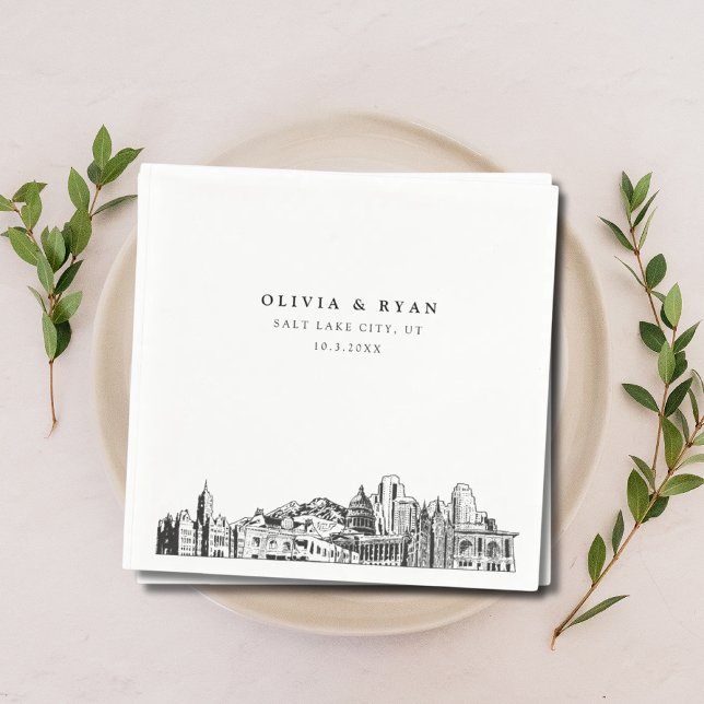 Salt Lake City Wedding Paper Cocktail Napkin (Salt Lake City wedding napkin skyline sketch)