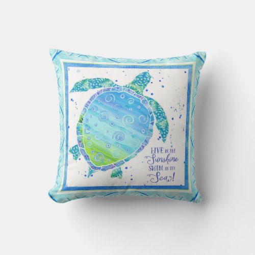 Salt n Sand Sea Turtle Beach Ocean Watercolor Art Throw Pillow