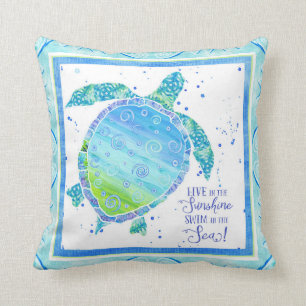 Salt n Sand Sea Turtle Beach Ocean Watercolor Art Throw Pillow