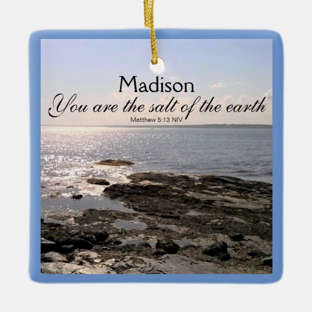 Salt of the Earth Ocean Bible Verse Christmas Ceramic Ornament (Front)