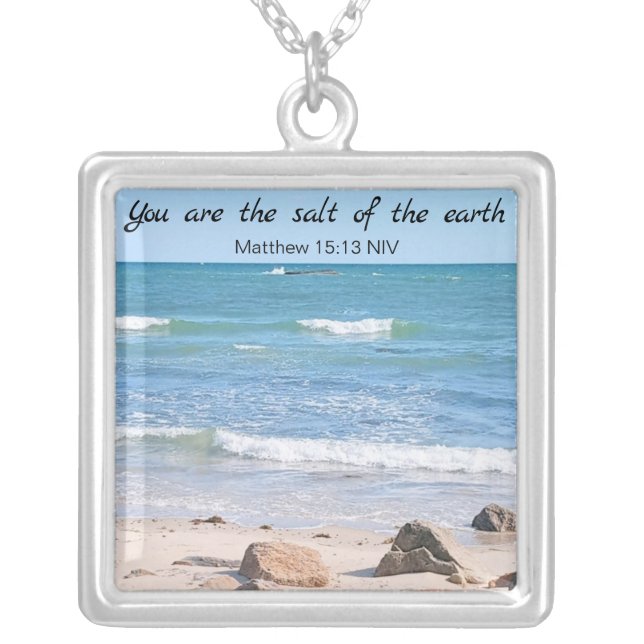 Salt of the Earth Photo of Ocean Bible Verse Silver Plated Necklace (Front)