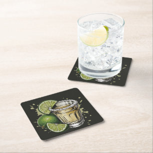 Salt Rim Tequila Shot with Lime Illustration Square Paper Coaster