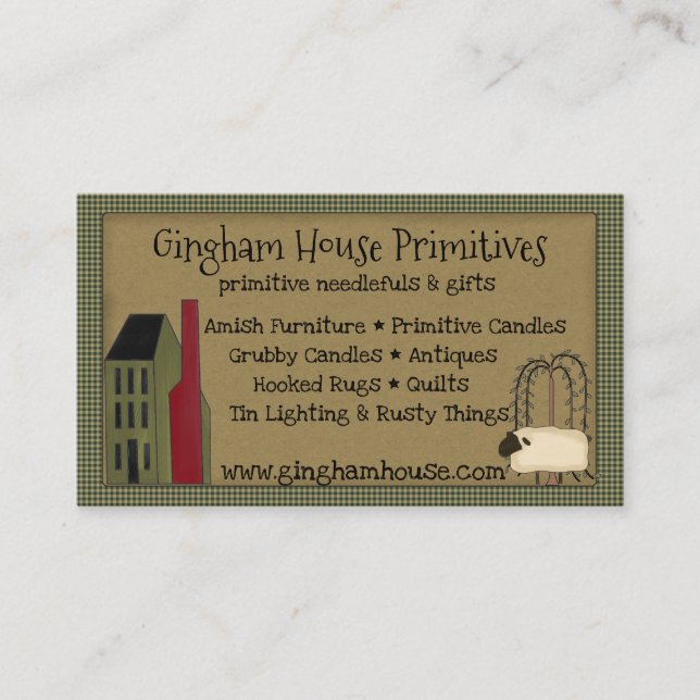 Saltbox & Gingham Primitive Grungy Business Card (Front)