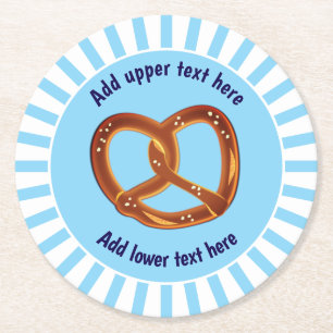 Salted Pretzel Nibbles - Snacks on blue & white Round Paper Coaster