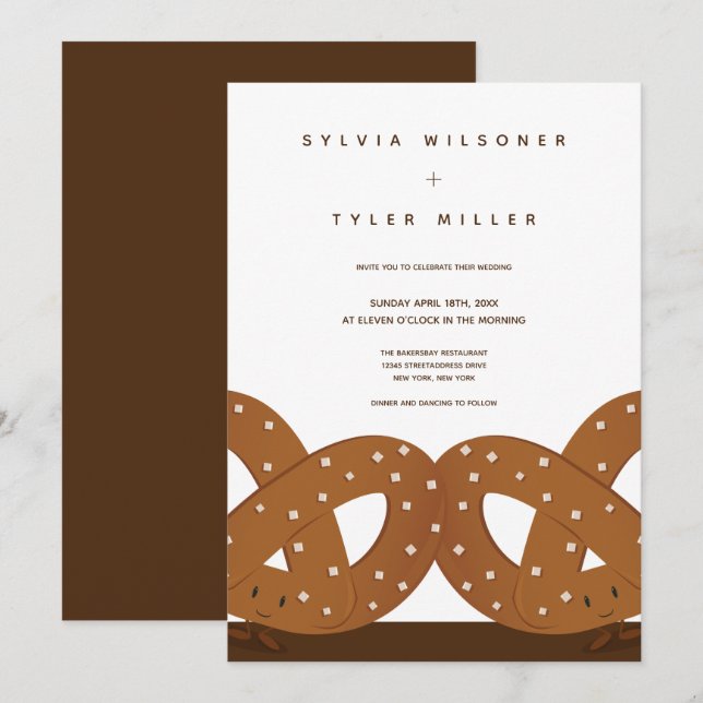 Salted Pretzels Wedding White Brown Vertical Invitation (Front/Back)