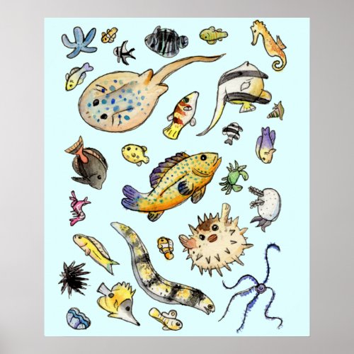 Saltwater Aquarium Fish Watercolor Poster