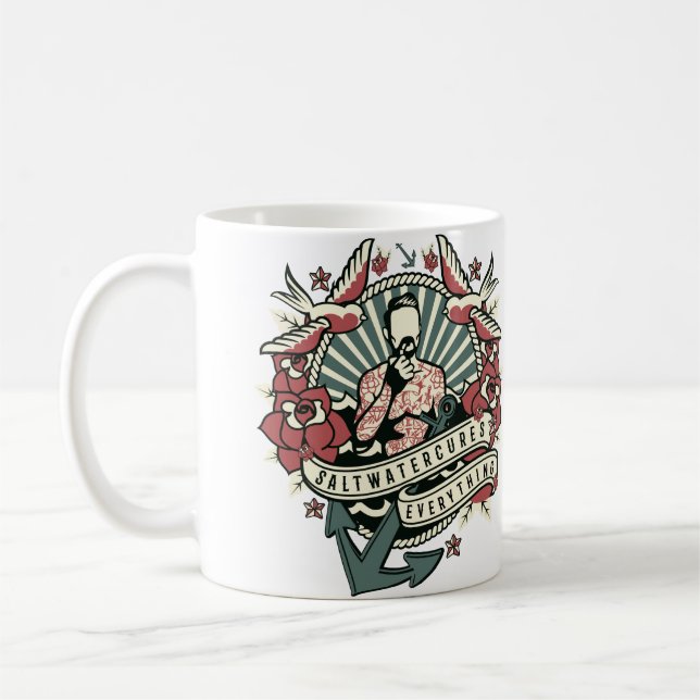 Saltwater Cures Everything Tattooed Thinker Coffee Mug (Left)