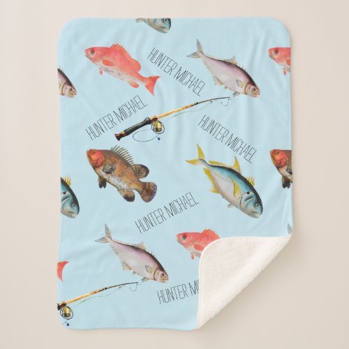 Saltwater Fish _ Boy Name Blanket_ Watercolor Fish Sherpa Blanket