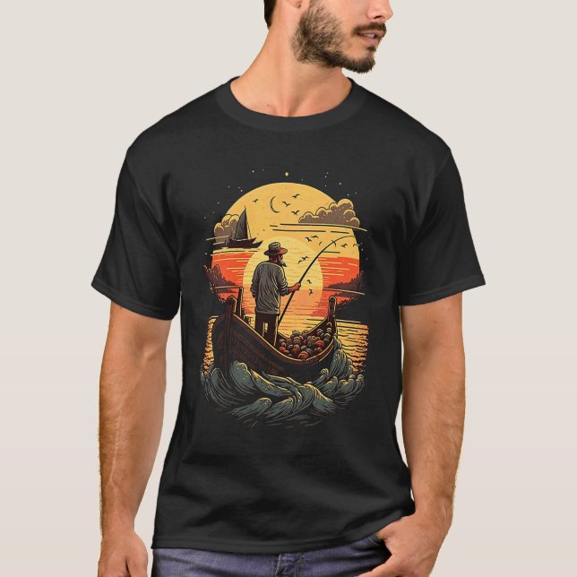 Saltwater Fishing Trip Fisherman Fishing On Sunset T-Shirt (Front)