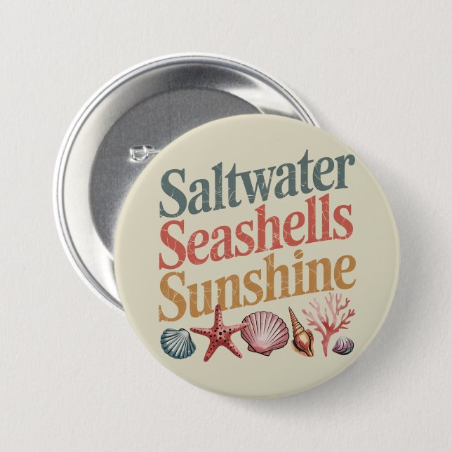 Saltwater Seashells Sunshine Summer Beach Vacation Button (Front & Back)