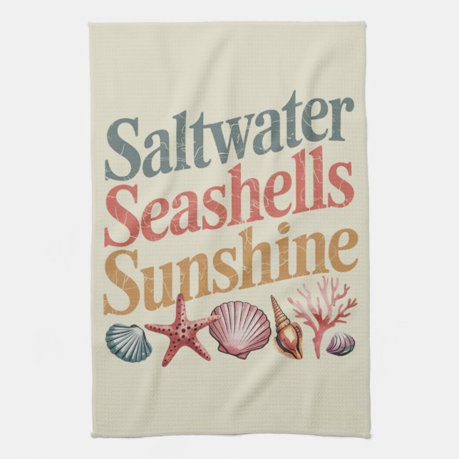 Saltwater Seashells Sunshine Summer Beach Vacation Kitchen Towel (Vertical)
