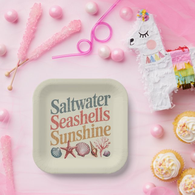 Saltwater Seashells Sunshine Summer Beach Vacation Paper Plates (Party)