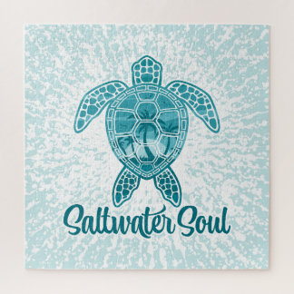 Saltwater Soul Tropical Sea Turtle with Palm Trees Jigsaw Puzzle