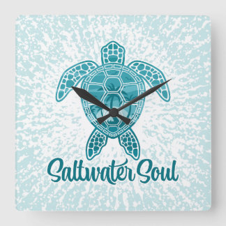 Saltwater Soul Tropical Sea Turtle with Palm Trees Square Wall Clock