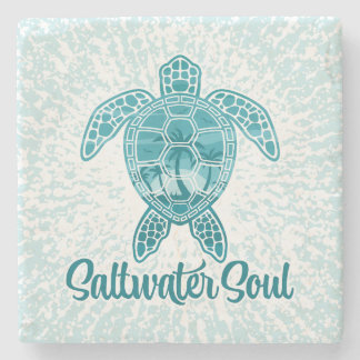 Saltwater Soul Tropical Sea Turtle with Palm Trees Stone Coaster