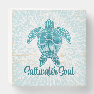 Saltwater Soul Tropical Sea Turtle with Palm Trees Wooden Box Sign