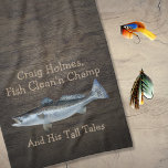 Saltwater Trout Fishing•Custom Towel<br><div class="desc">•Saltwater trout graphic.  Silvery,  shiny fish with speckles on back and tail.
•Dark wood,  mahogany wood background.
•Customizable three lines of text.</div>