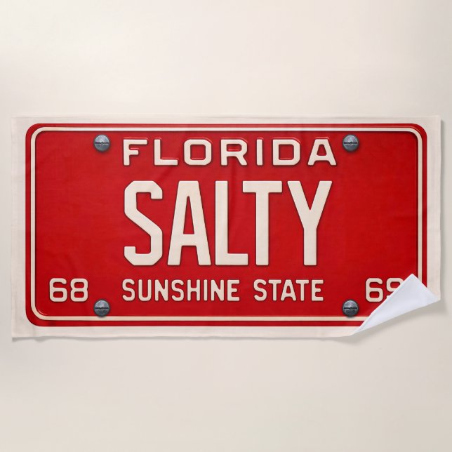 Salty 1969 | Red Retro Florida License Plate Surf Beach Towel (Front)