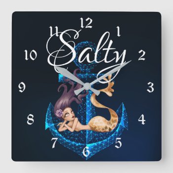 Salty ~ Anchor And Mermaid Sea Life Square Wall Clock by TheBeachBum at Zazzle