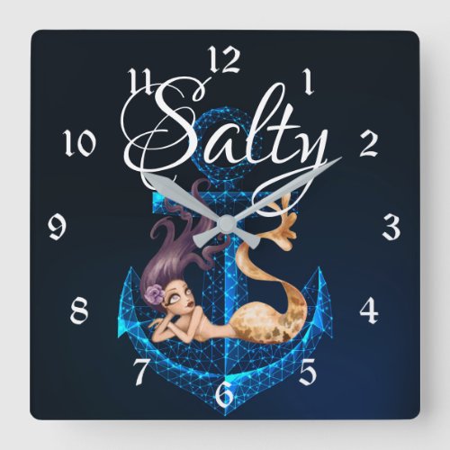 Salty  Anchor and Mermaid Sea Life Square Wall Clock