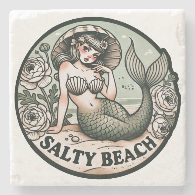 Salty Beach Mermaid Humor Funny Mermaids           Stone Coaster (Front)
