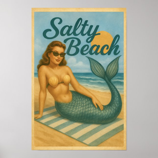 Salty Beach Pin-Up Mermaid Art Funny Retro Coastal Poster (Front)
