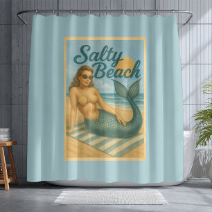 Salty Beach Pin-Up Mermaid Art Retro Coastal Blue Shower Curtain