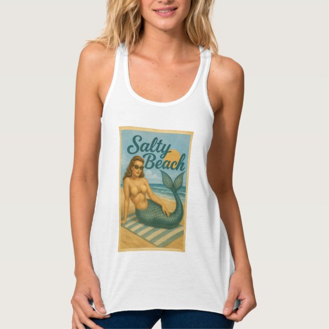 Salty Beach Pin-Up Mermaid | Retro Coastal Graphic Tank Top (Front)